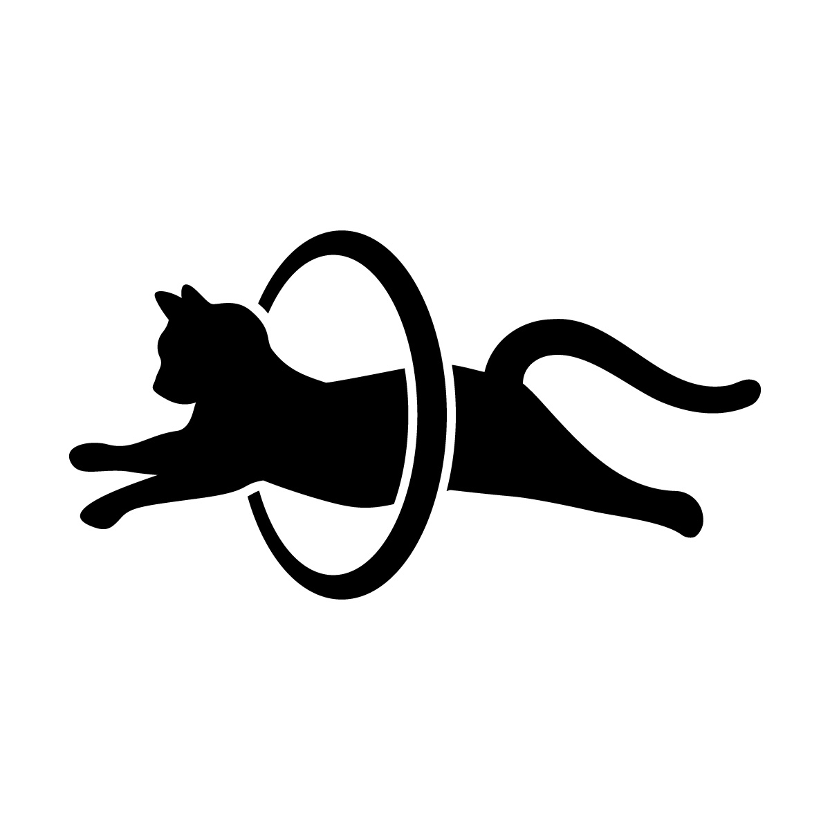 ジャンプして輪っかをくぐるネコのシルエットステッカー・シール